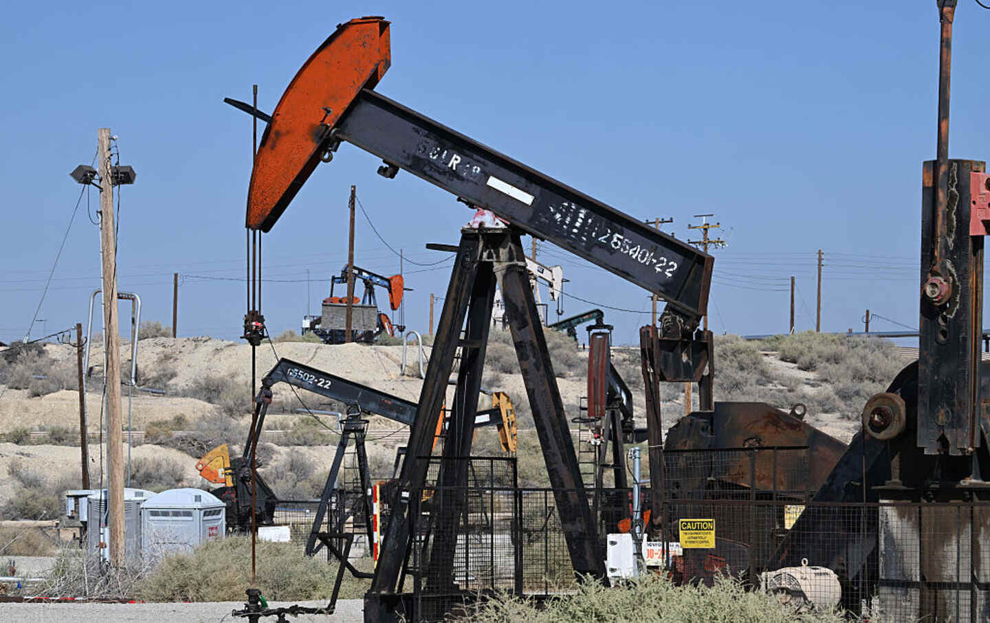 Pumpjacks lift oil from wells at the Midway-Sunset Oil Field, California's largest, in Fellows, near Taft, on October 17, 2025.