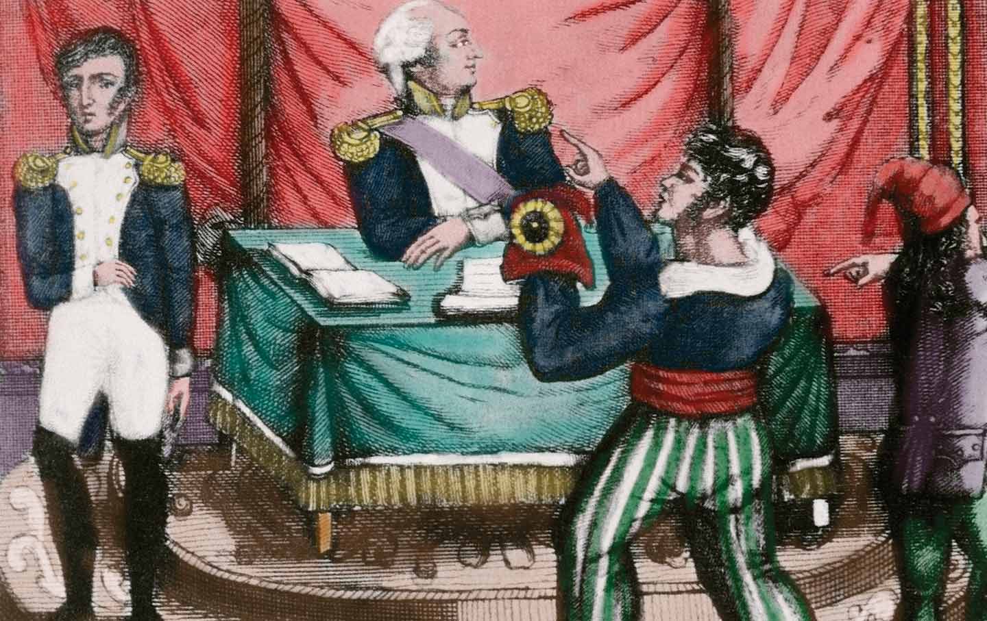 An engraving depicting a sansculottes offering a Phrygian cap to King Louis XVI.