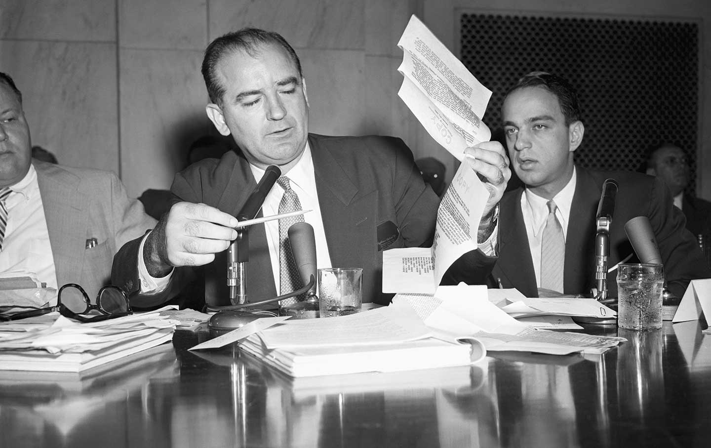 Joseph McCarthy and Roy Cohn at a HUAC hearing.