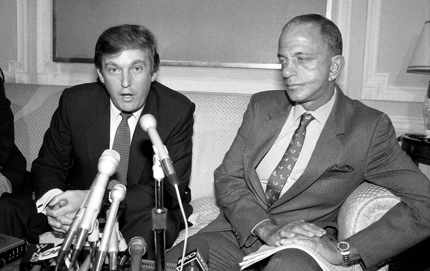 Donald Trump and Roy Cohn at a press conference.