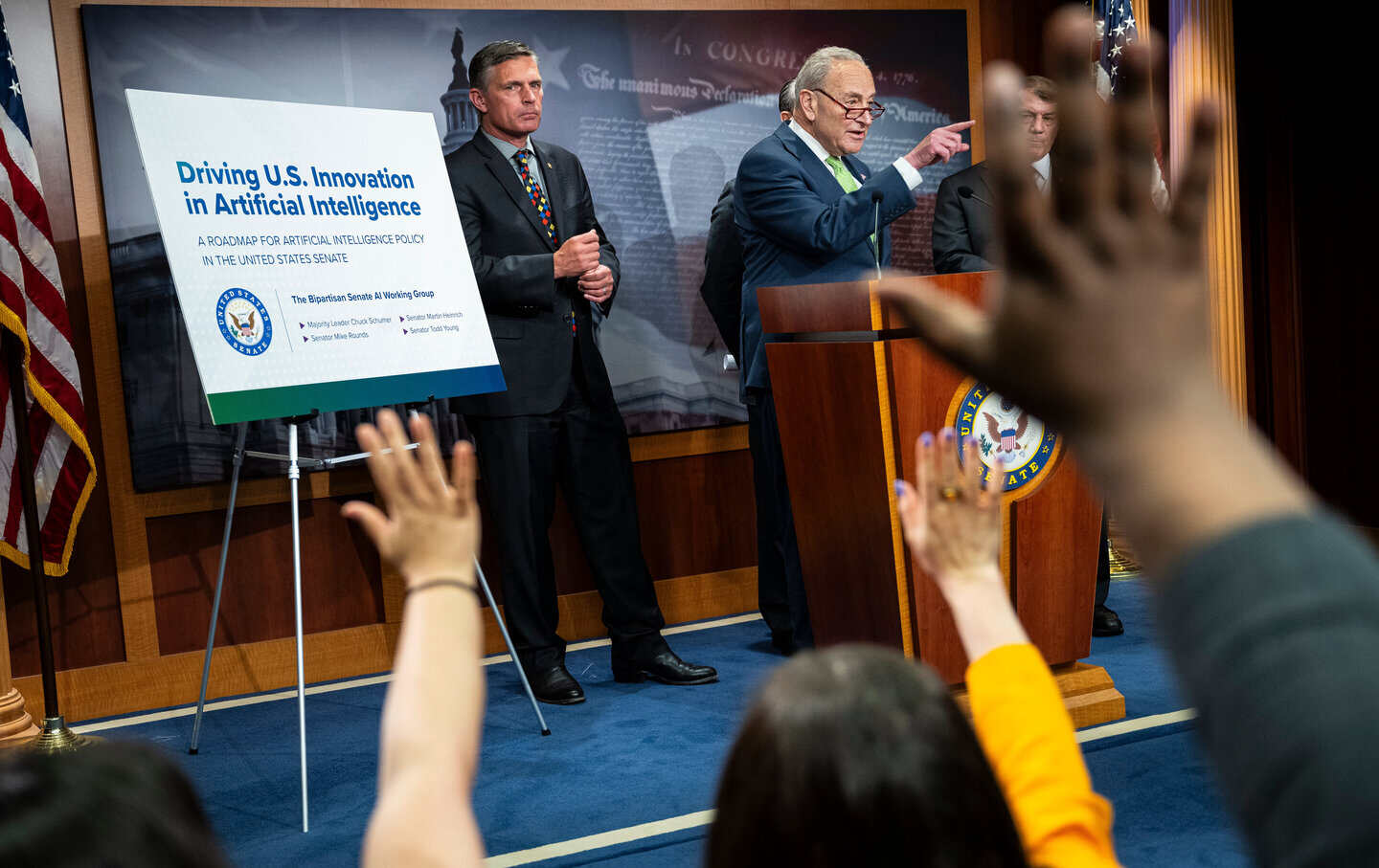 Senator Martin Heinrich, a Democrat from New Mexico, left, and Senate majority leader Chuck Schumer, a Democrat from New York, during a news conference at the US Capitol in Washington, DC, on Wednesday, May 15, 2024.