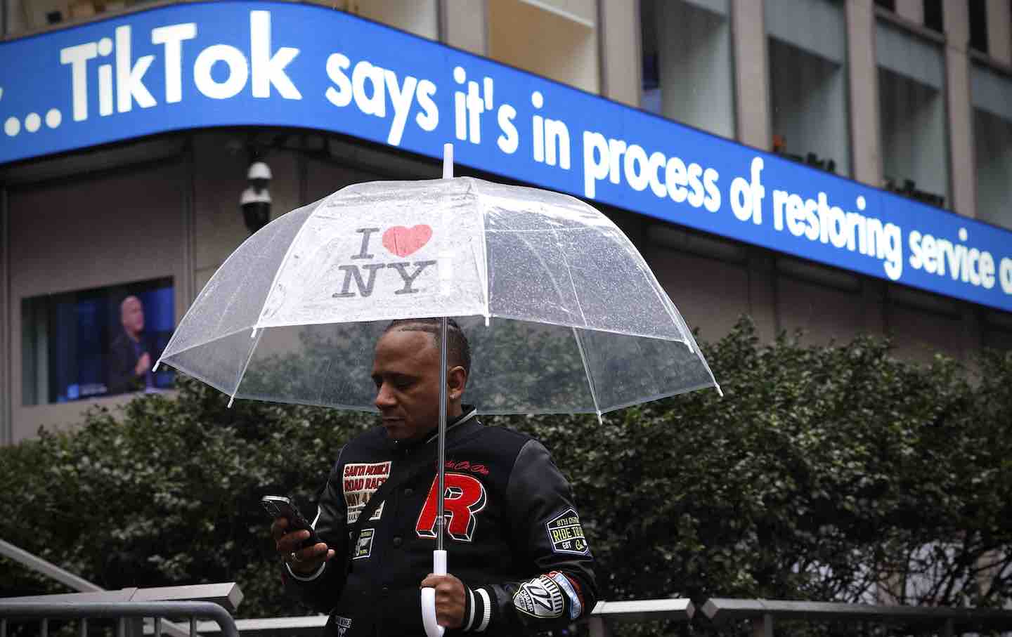 A display shows information about TikTok outside the Fox News building in New York City, 2025.