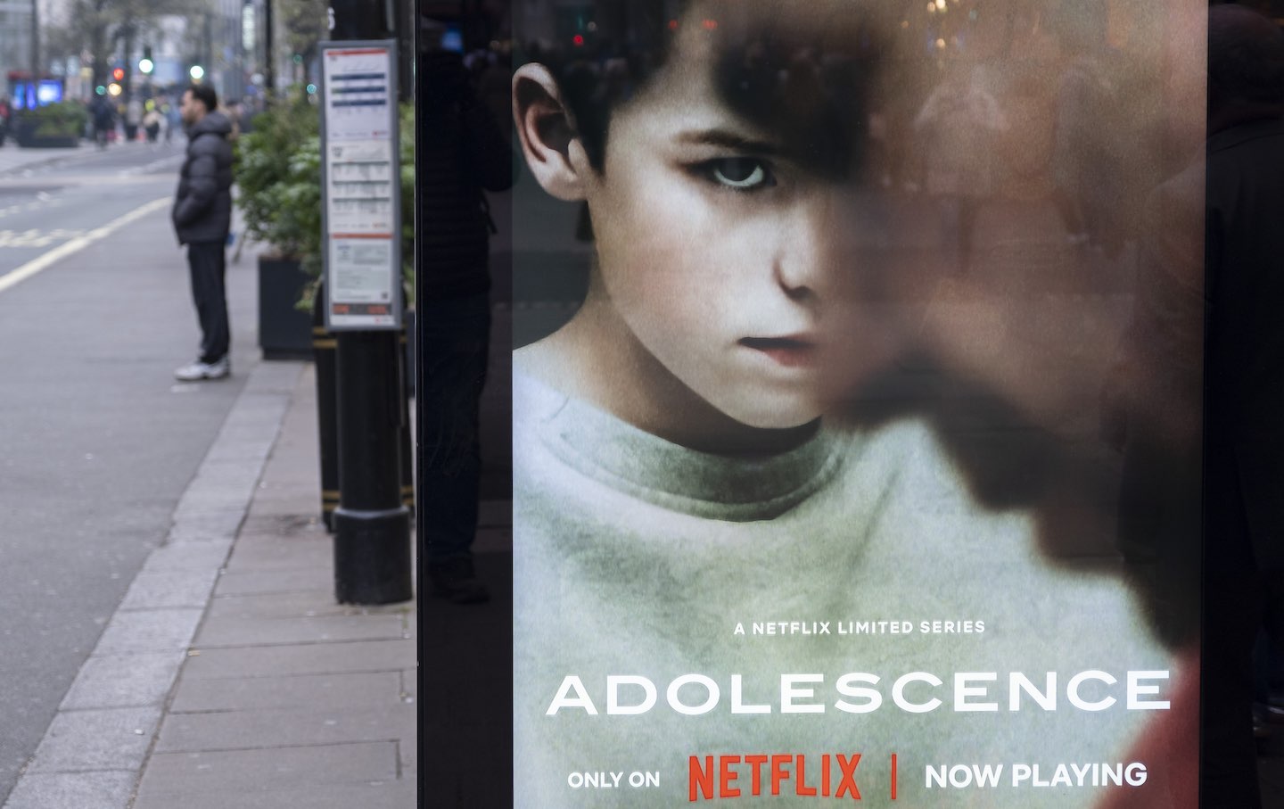 A poster on a bus shelter for the Netflix drama “Adolescence.”