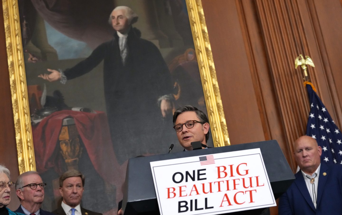Speaker of the House Mike Johnson (R-LA) speaks to the media after the House narrowly passed a bill forwarding President Donald Trump’s agenda at the US Capitol on May 22, 2025, in Washington, DC.