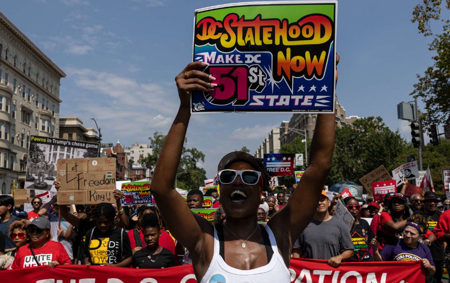 Thousands of demonstrators march during the “We Are All DC” March in September 2025 in Washington, DC.
