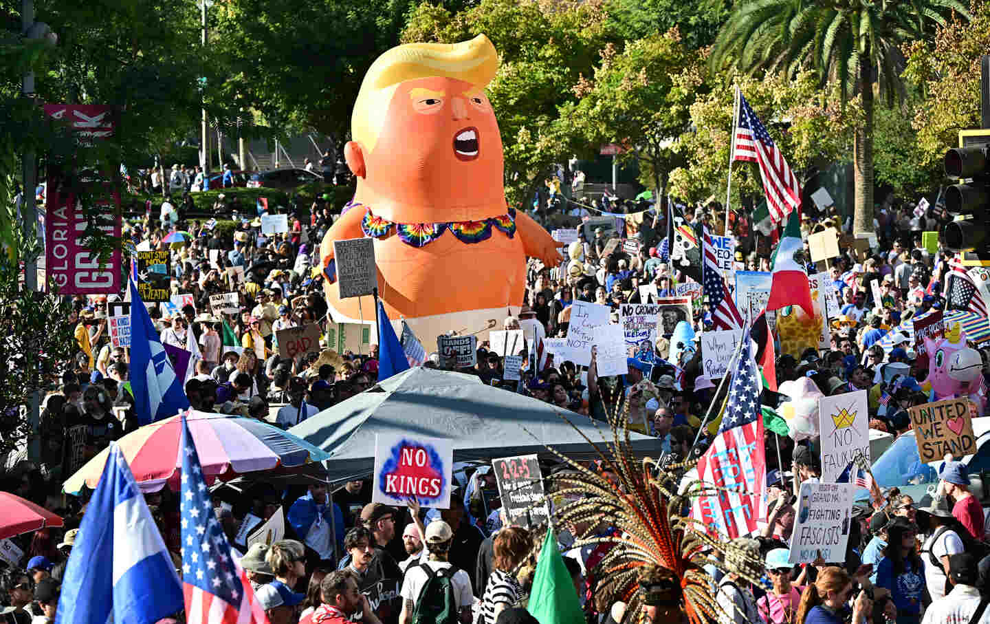 Protesters rally during the “No Kings” national day of protest in Los Angeles, California, on October 18, 2025.