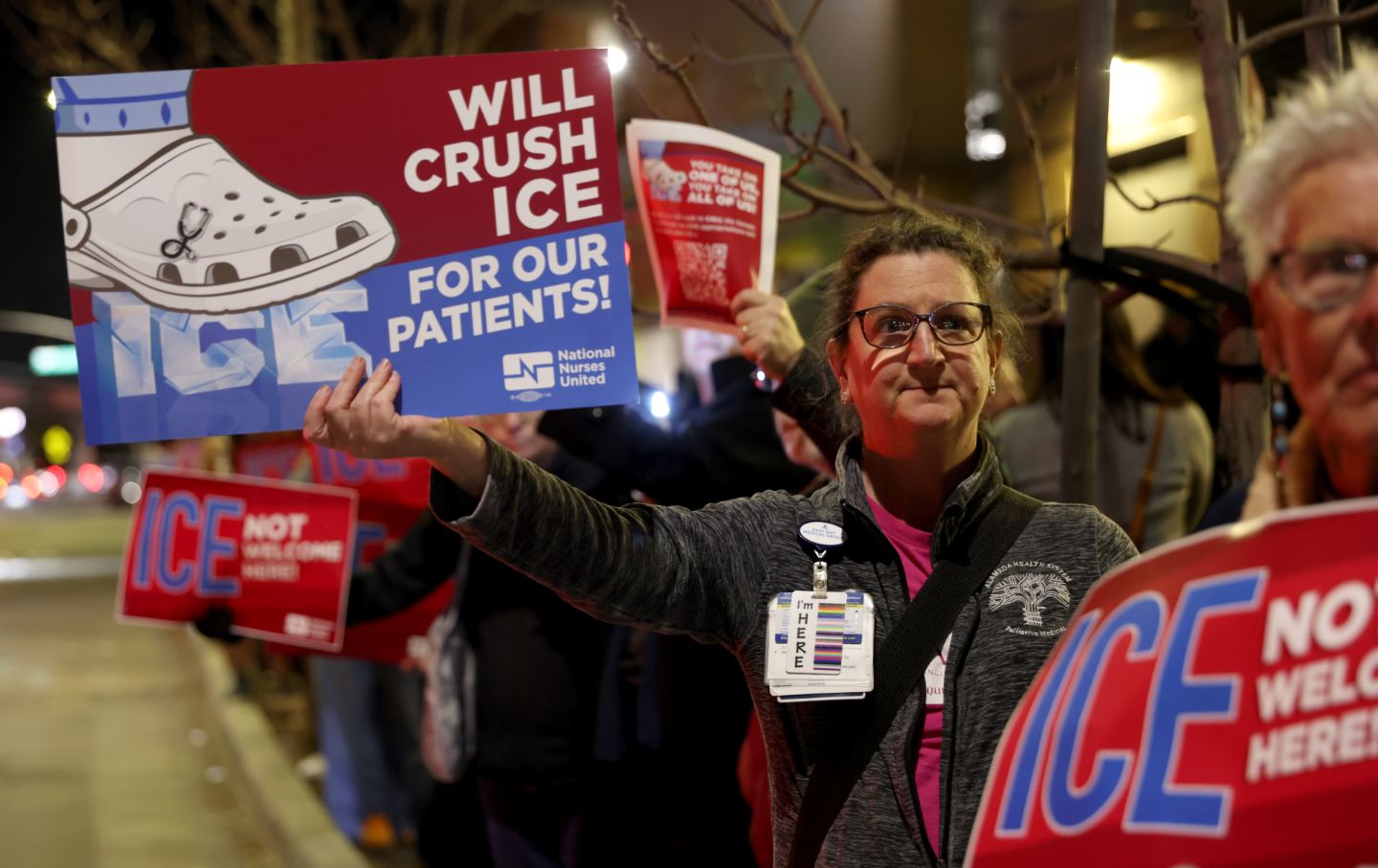 Nurse practitioner Sarah Malin-Roodman attends a protest outside of UCSF Benioff Children’s Hospital Oakland in Oakland, California, on Monday, January 26, 2026.