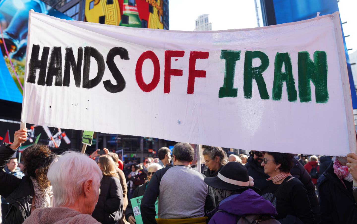 People attend a protest against US-Israeli attacks on Iran in New York on February 28, 2026.