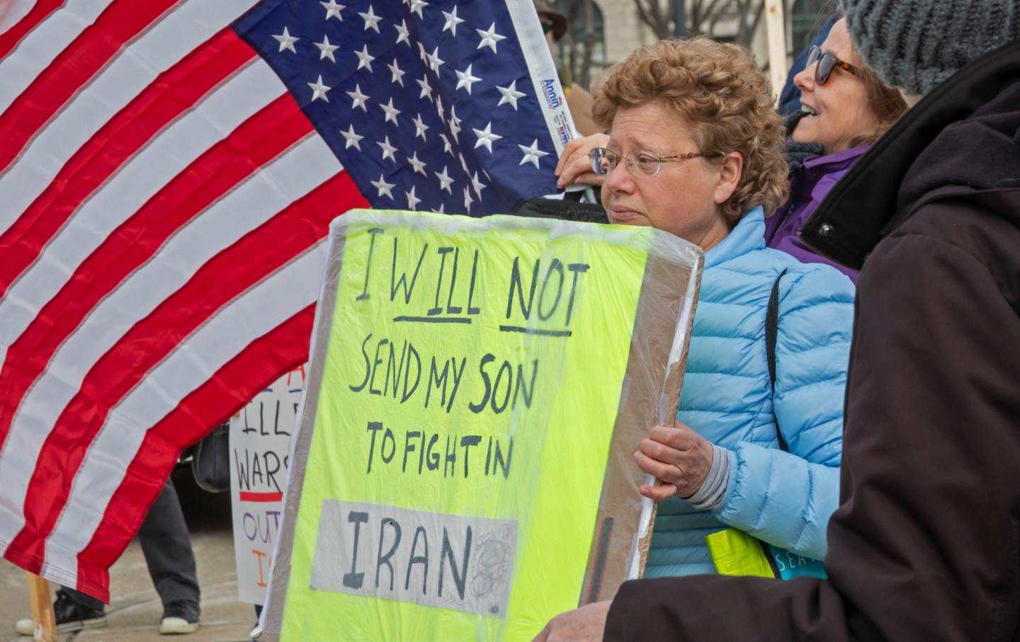 A woman says she will not send her son to fight in Iran at a protest in Detroit on March 15, 2026.