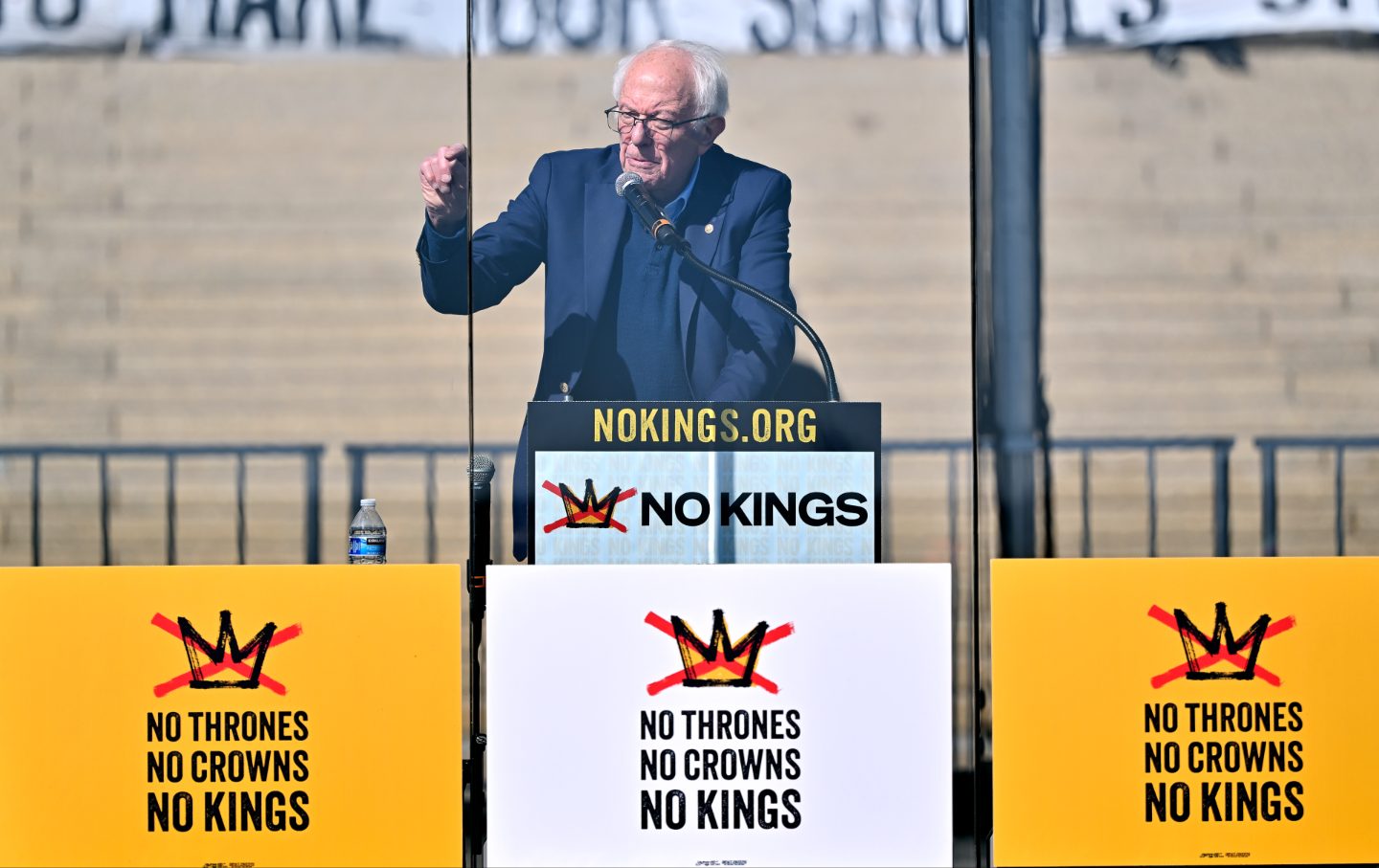 Bernie Sanders speaks during the “No Kings” rally concert at the Minnesota State Capitol on March 28, 2026.