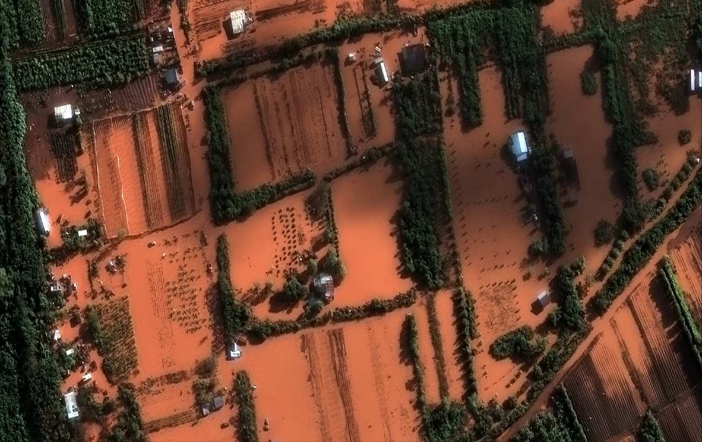 A satellite image of flooded fields and buildings near Waialua, on Oahu's north shore.