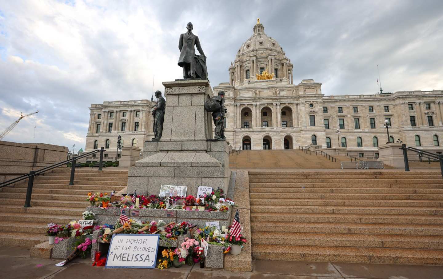 A makeshift memorial for DFL State Representative Melissa Hortman and her husband, Mark Hortman, is assembled at the Minnesota State Capitol on June 16, 2025, in St. Paul, Minnesota.