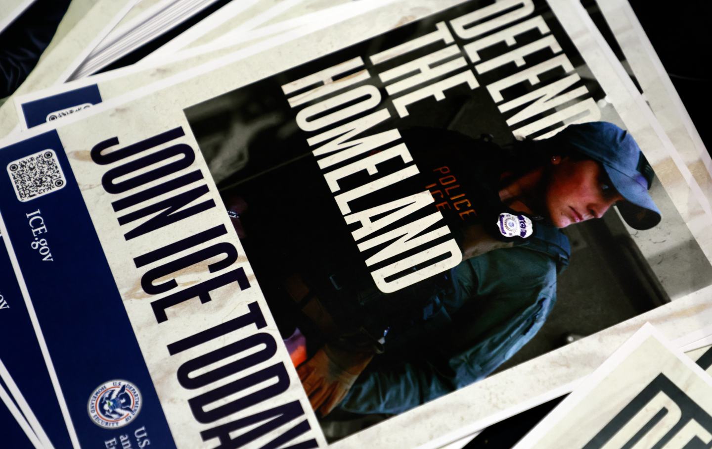 An ICE recruitment poster displayed in Arlington, Texas, amid a major recruitment event in that city.