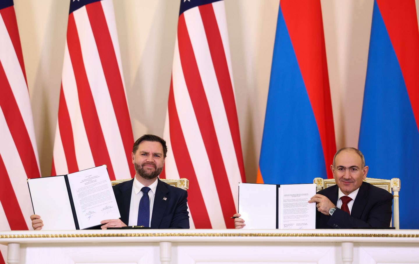Vice President JD Vance and Armenian Prime Minister Nikol Pashinyan hold signed copies of Joint Statement on the Completion of Negotiations on an Agreement for Peaceful Nuclear Cooperation between the United States of America and the Republic of Armenia in Yerevan, Armenia, on February 9, 2026.