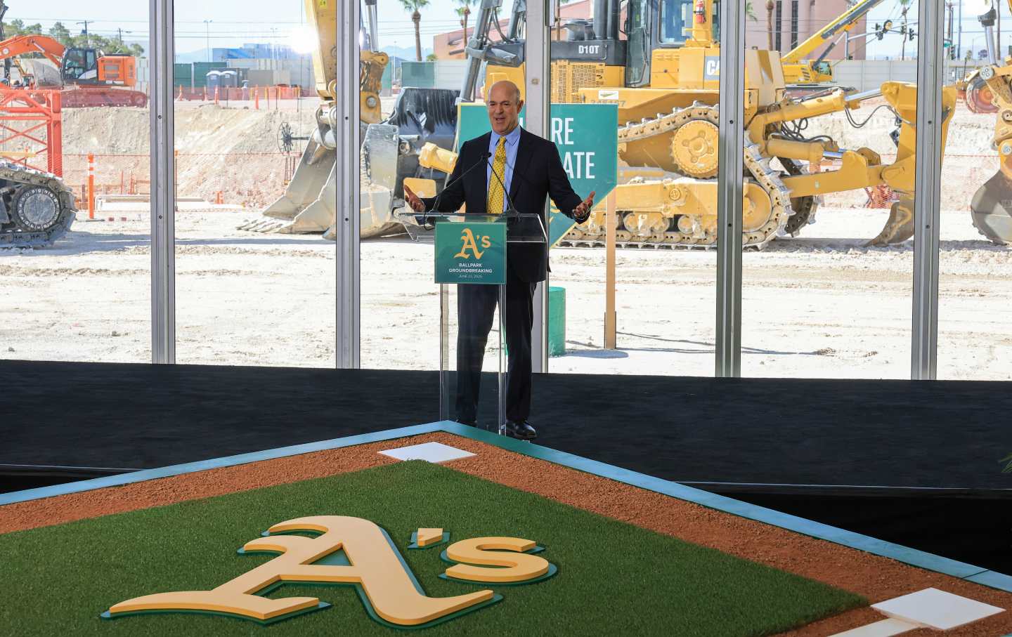 The principal owner of the Athletics, John Fisher, speaks during a ceremonial groundbreaking for a $1.75 billion stadium on June 23, 2025, in Las Vegas, Nevada.