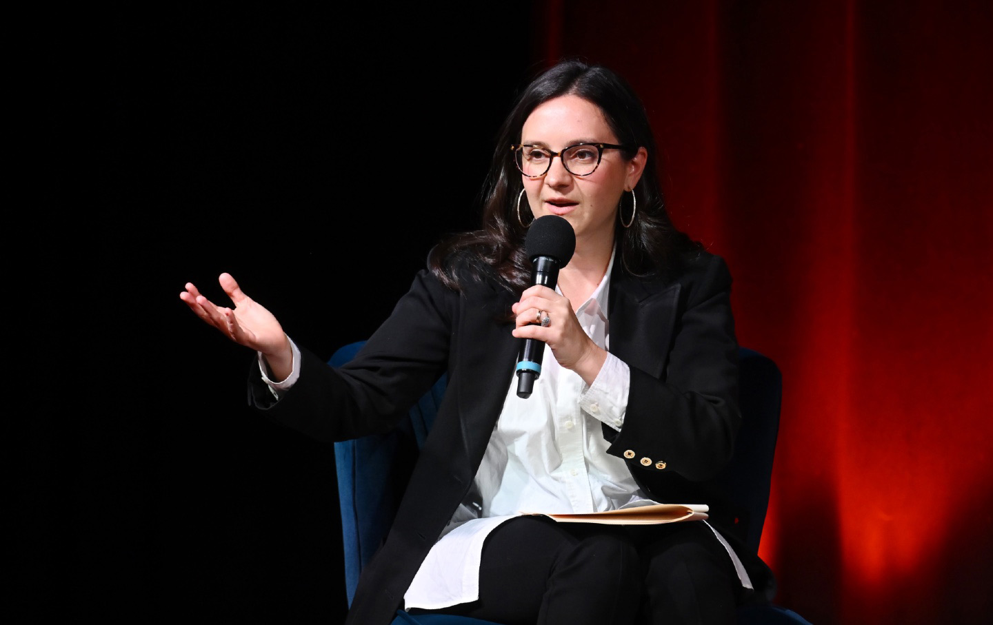 Bari Weiss speaks onstage during a book club event with Peggy Noonan on November 19, 2024. in New York City.
