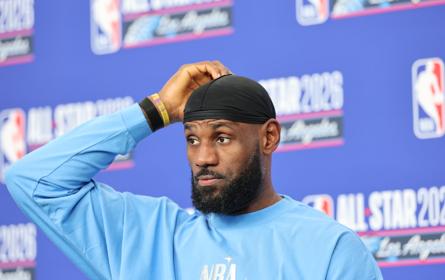 Los Angeles Lakers star LeBron James speaks at a press conference before the NBA All-Star Game in Inglewood, California, on February, 15, 2026.