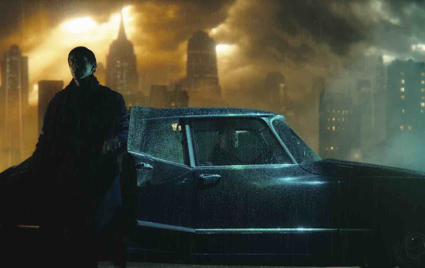 Adam Driver as Cesar Catilina and Laurence Fishburne as Fundi Romaine in “Megalopolis”.