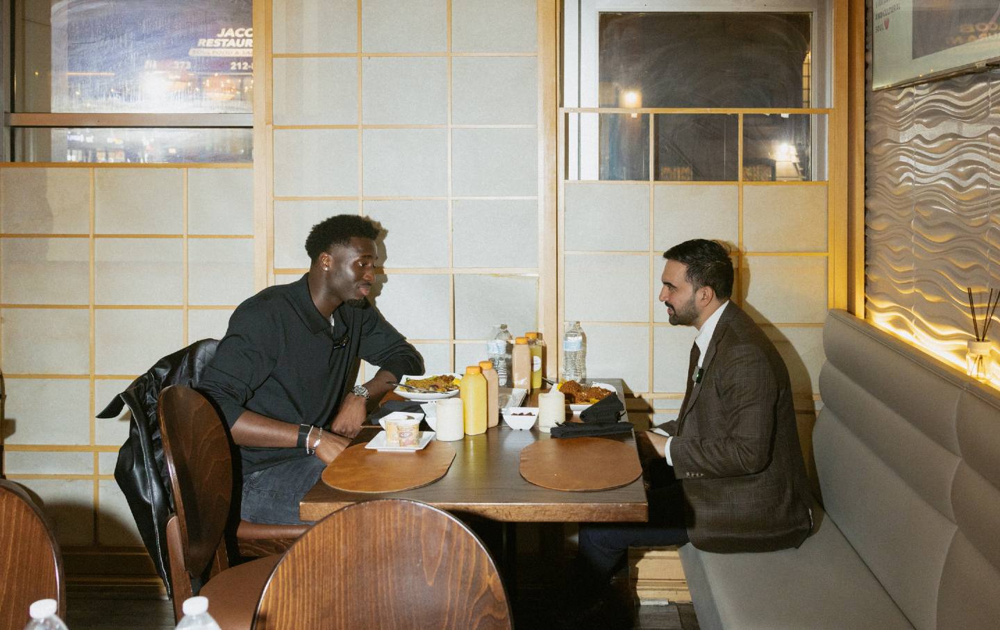 New York Knicks rookie Mo Diawara and New York City Mayor Zohran Mamdani share an Iftar dinner at Saint Louis Restuarant Keur Yayou Dara before shooting hoop at the basketball courts at Marcus Garvey Park in Harlem on March 14, 2026.