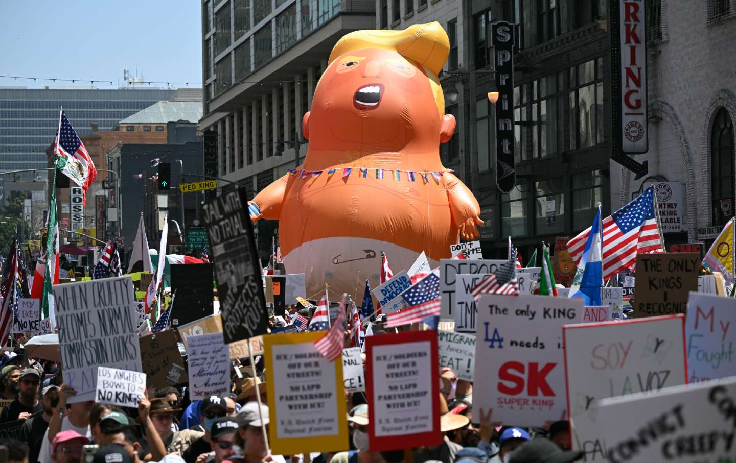 Protesters with US flags, placards and a Donald Trump baby balloon march during a nationwide 