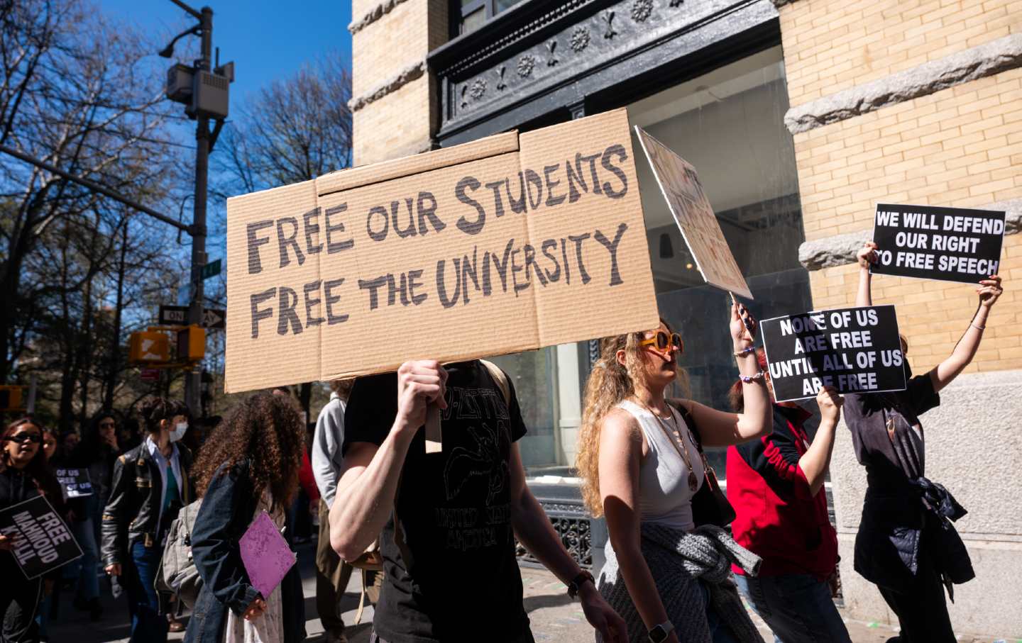 People rally and march in support of universities and education on April 17, 2025, in New York City. Called a “Rally for the Right to Learn,” the protest consisted of students, teachers, and activists marching to demand that the administration of Donald Trump to stop arresting foreign students and cutting money from universities, among numerous other concerns.